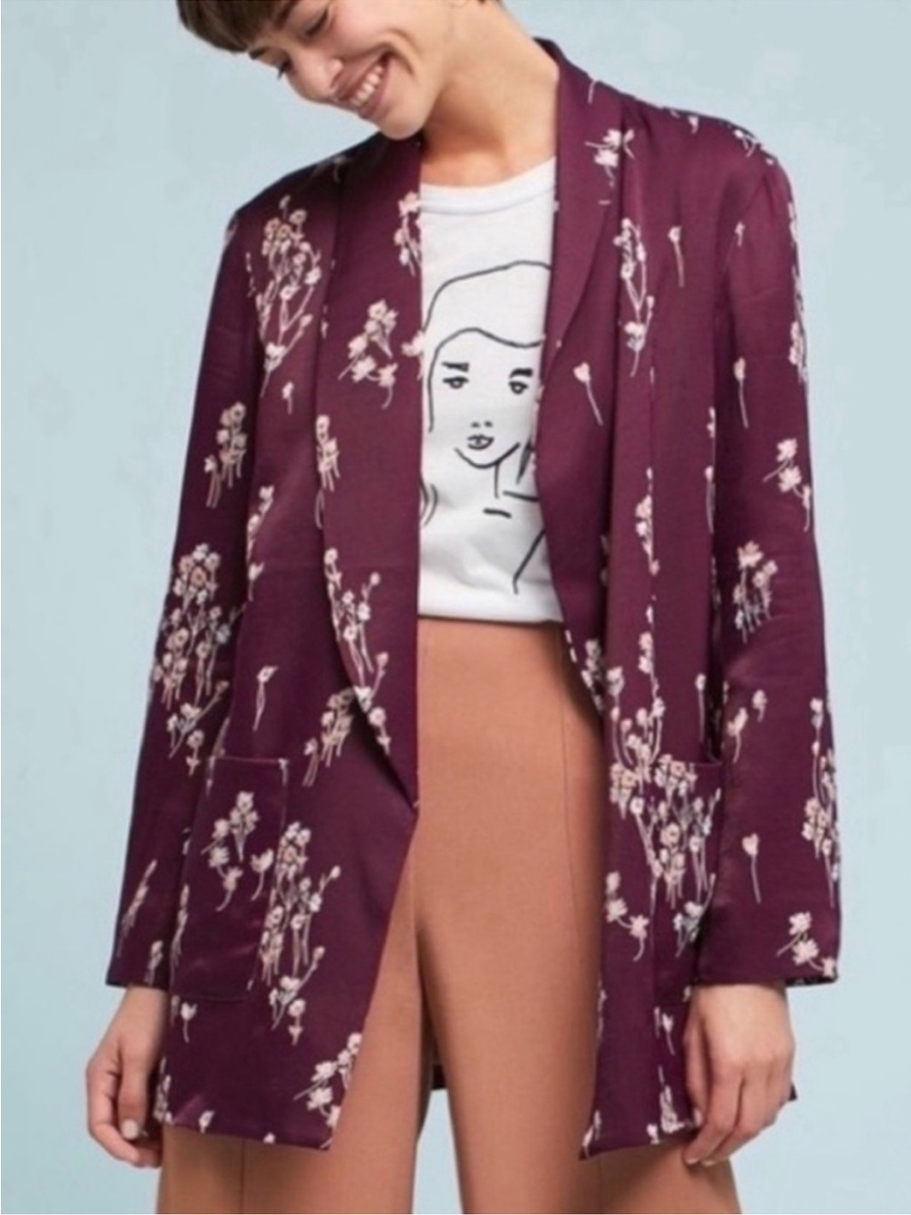 Anthropologie Ett:Twa Open Blazer in a burgundy/mauve floral pattern Small